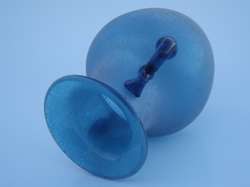 Overshot art glass vase, sand textured blue jar w/ cobalt blue handles