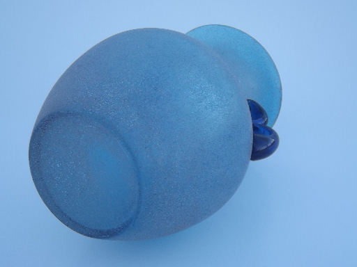 Overshot art glass vase, sand textured blue jar w/ cobalt blue handles