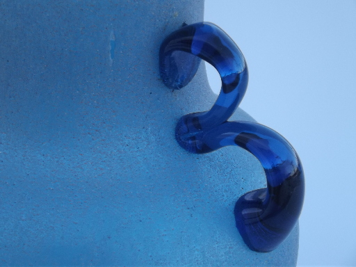 Overshot art glass vase, sand textured blue jar w/ cobalt blue handles