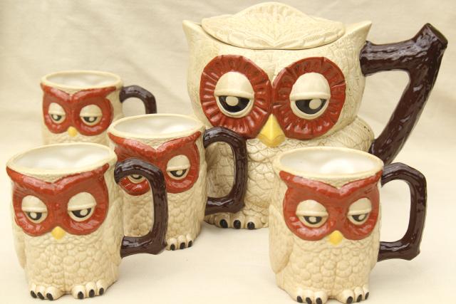 owl family pitcher & mugs, retro 70s vintage handmade ceramic tableware