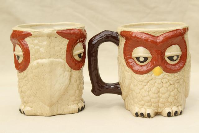 owl family pitcher & mugs, retro 70s vintage handmade ceramic tableware