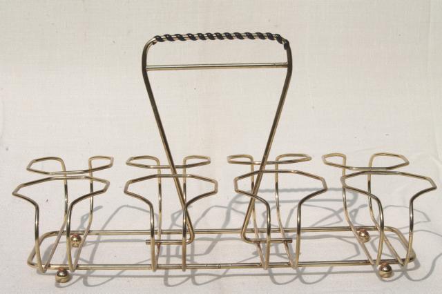 pair MCM gold wire carrier racks for drinking glasses, retro barware 60s mod vintage