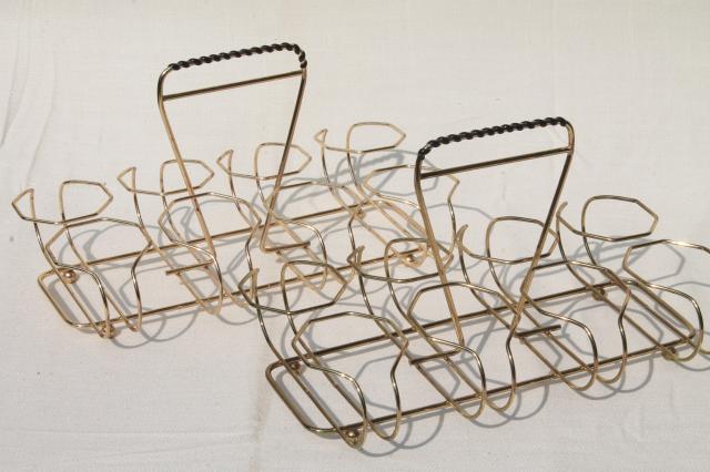 pair MCM gold wire carrier racks for drinking glasses, retro barware 60s mod vintage