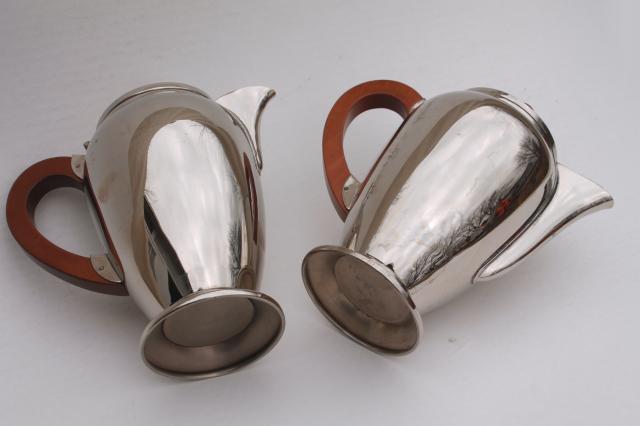 pair art deco mid-century vintage chrome coffee & tea pot w/ mod wood handles