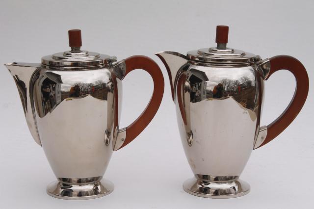 pair art deco mid-century vintage chrome coffee & tea pot w/ mod wood handles