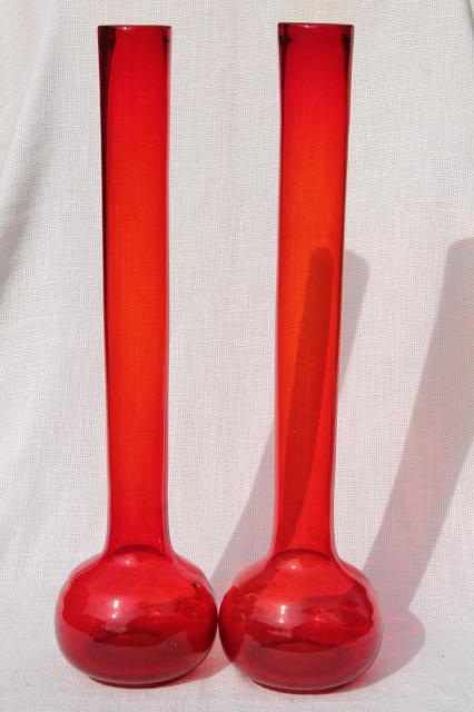 pair huge hand blown art glass beakers, vintage tall mod vases in flame orange