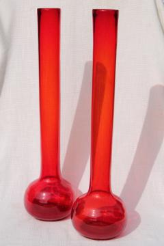 pair huge hand blown art glass beakers, vintage tall mod vases in flame orange