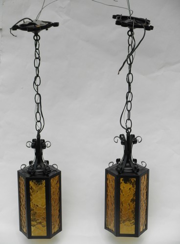Pair of 1960s vintage gothic hanging lights wrought iron&amber glass