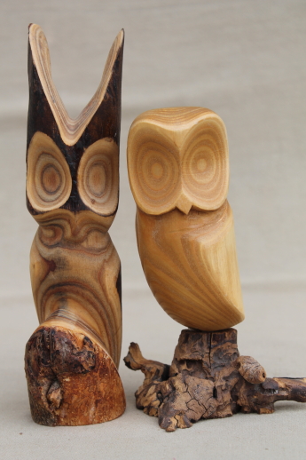 Pair of owls vintage rustic modern abstract wood carvings sculpture Peterson - Canada
