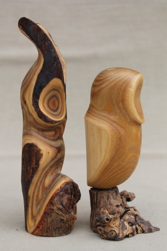 Pair of owls vintage rustic modern abstract wood carvings sculpture Peterson - Canada