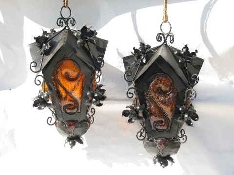 Pair of retro vintage gothic medieval hanging lanterns lights w/hand blown amber glass