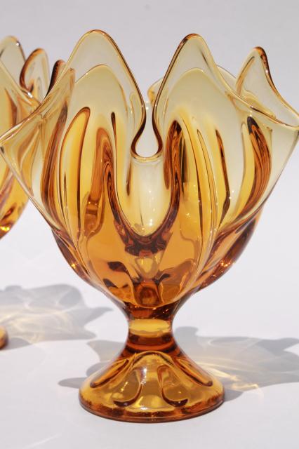 pair retro flame shape amber glass vases, 60s 70s vintage Viking glass Epic line