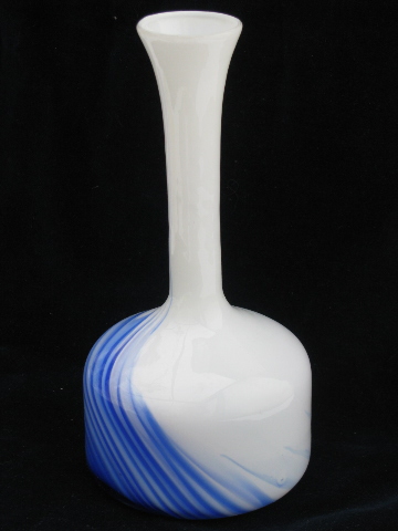 Pair tall mod bottle vases, vintage milk glass w/ cobalt blue swirl