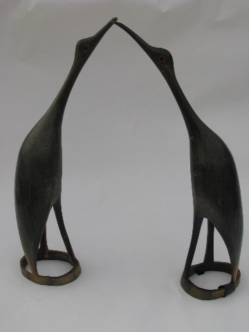 Pair vintage hand-carved ox horn figures, african birds, storks or egrets