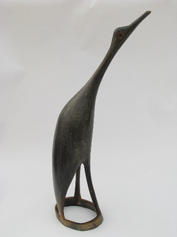 Pair vintage hand-carved ox horn figures, african birds, storks or egrets
