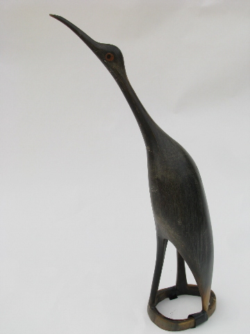 Pair vintage hand-carved ox horn figures, african birds, storks or egrets