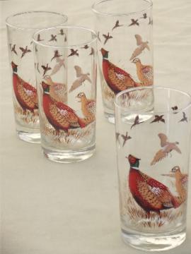 Pheasant drinking glasses, Libbey glass tumblers set w/ pheasants decal