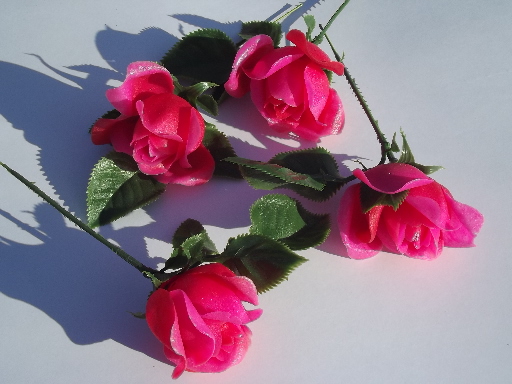 Pink & red plastic roses, lot vintage fake flowers for display arrangements