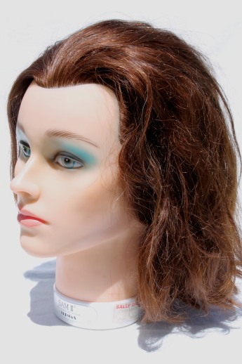 Pretty brunette mannequin head photo prop model Sam II stylist's head w/ human hair