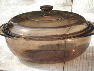 Pyrex visions clear amber brown glass casserole & lid, 8 1/2 diameter