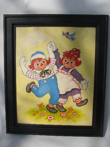 Raggedy Ann & Andy, retro vintage 70s children's nursery prints, framed