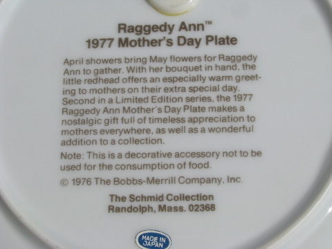 Raggedy Ann collector plates, Mother's Day 1977, Valentine's Day 1978