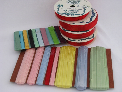 Rainbow colors assorted satin ribbons, ribbon rolls, old sewing trim, retro craft lot