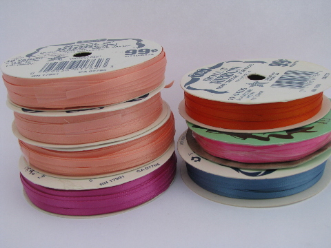 Rainbow colors assorted satin ribbons, ribbon rolls, old sewing trim, retro craft lot