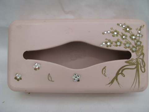 Ransburg tole boudoir tissue box cover, vintage 50s pink & rhinestones