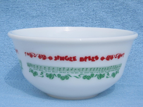 Red and green Jingle Bells, 50s milk glass punch set for mulled cider