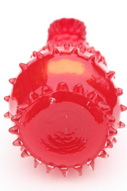 red hobnail glass vase, vintage hand blown art glass, vivid tomato red color!