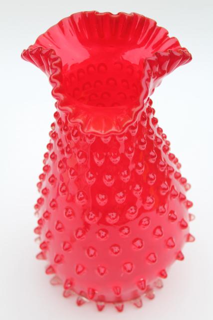 red hobnail glass vase, vintage hand blown art glass, vivid tomato red color!