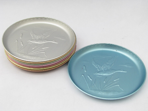 Retro 1950s - 60s vintage colored anodized aluminum coasters set