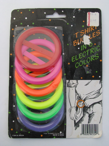 Retro 1980s neon electric colors plastic t-shirt buckles, flashdance style!