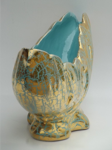 Retro 50s ceramic planter, huge sea shell vase mermaid blue w/ encrusted gold