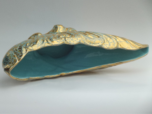 Retro 50s ceramic planter, huge sea shell vase mermaid blue w/ encrusted gold