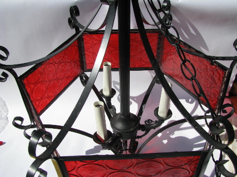 Retro 50s gothic vampire swag lamp chandelier, blood red & black iron