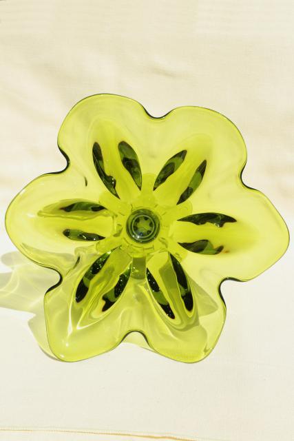 retro 60s 70s avocado green glass fruit bowl, Epic mod shape Viking art glass
