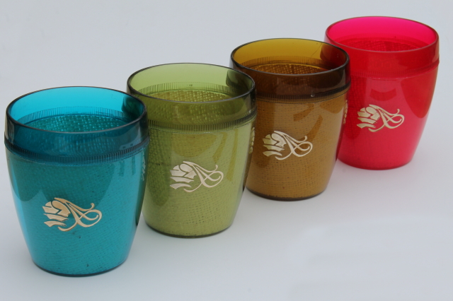 Retro 60s 70s tiki bar drinking glasses, raffiaware burlap / colored acrylic plastic