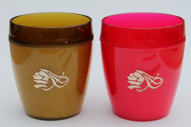 Retro 60s 70s tiki bar drinking glasses, raffiaware burlap / colored acrylic plastic