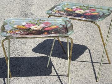 Retro 60s 70s vintage metal TV tray tables for 2, floral bouquet print