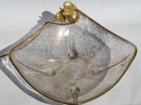 Retro 60s gold spatter glass relish dish w/ attached gold pickle fork