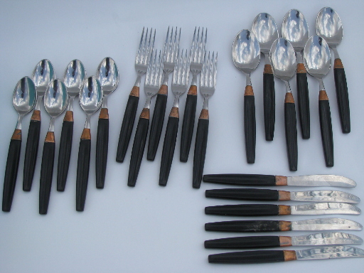 Retro 60s Imperial stainless flatware, copper / black plastic handles