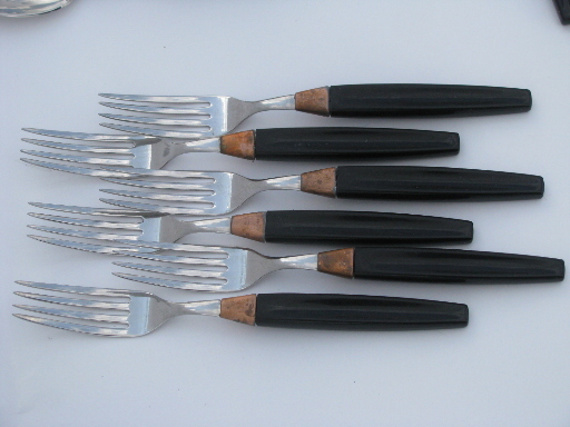 Retro 60s Imperial stainless flatware, copper / black plastic handles