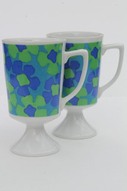 retro 60s mod vintage blue & green daisy print china tall cups coffee mugs