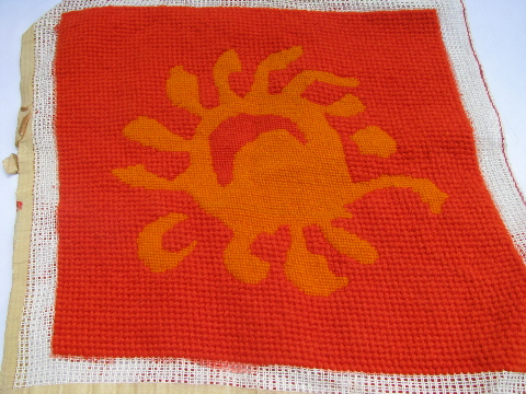 Retro 60s needlepoint - pictures, pillow tops or chair seats in mod flame red / orange