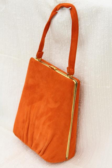retro 60s vintage bittersweet orange suede leather purse, hard sided trapeze bag