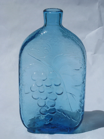 Retro 60s vintage Italian glass wine bottle decanter, grapes in aqua