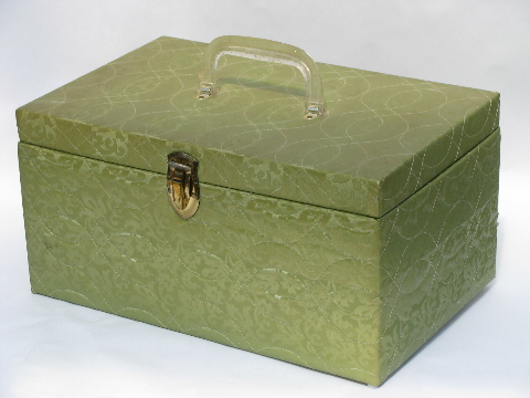 Retro 60s vintage lime green quilted fabric sewing box, handled case w/ tray