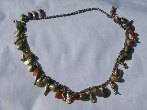 Retro 60s vintage metal charm necklaces, mermaid style, gold tone shells & beads